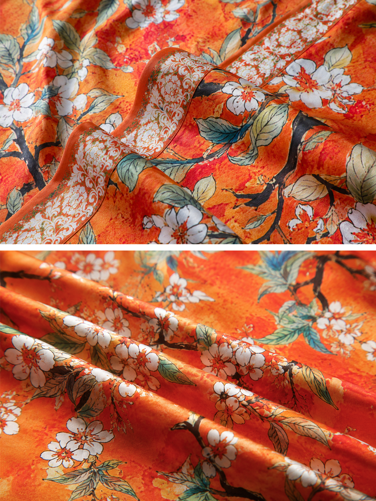 Vintage Orange Enamel Camellia Floral Kimono Robe with Pockets