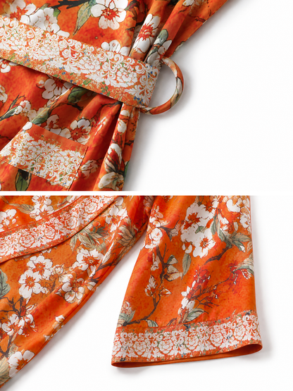 Vintage Orange Enamel Camellia Floral Kimono Robe with Pockets