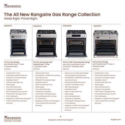 Rangaire 36" Gas Range Convection Oven Freestanding Stainless Steel RRG361TS