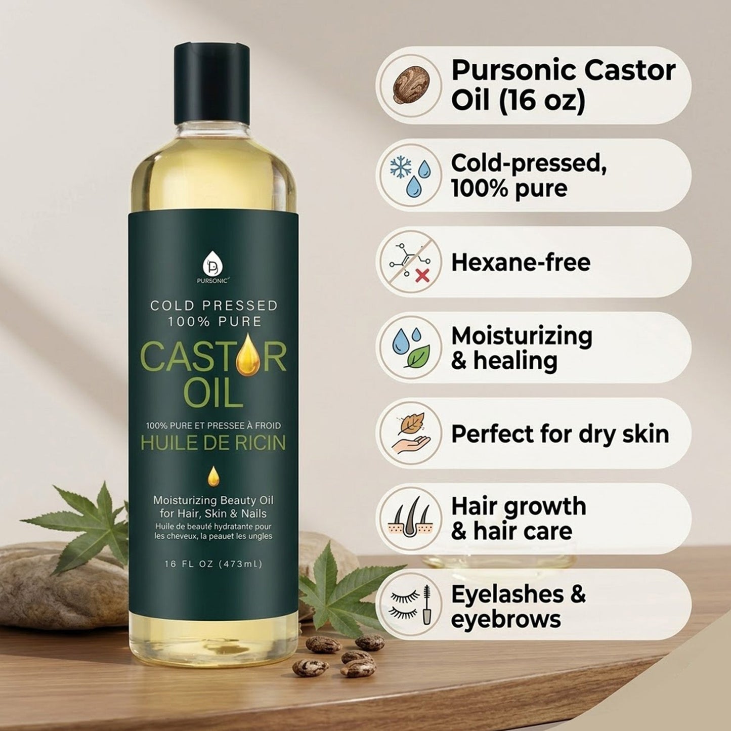 Aceite de ricino 100% puro prensado en frío, 16 oz