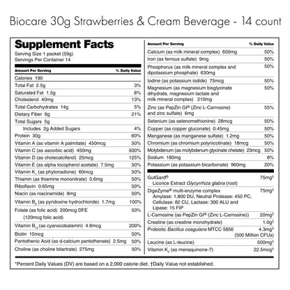 Bebida dietética Biocare de fresas con nata y proteína (30 g) (14 raciones)