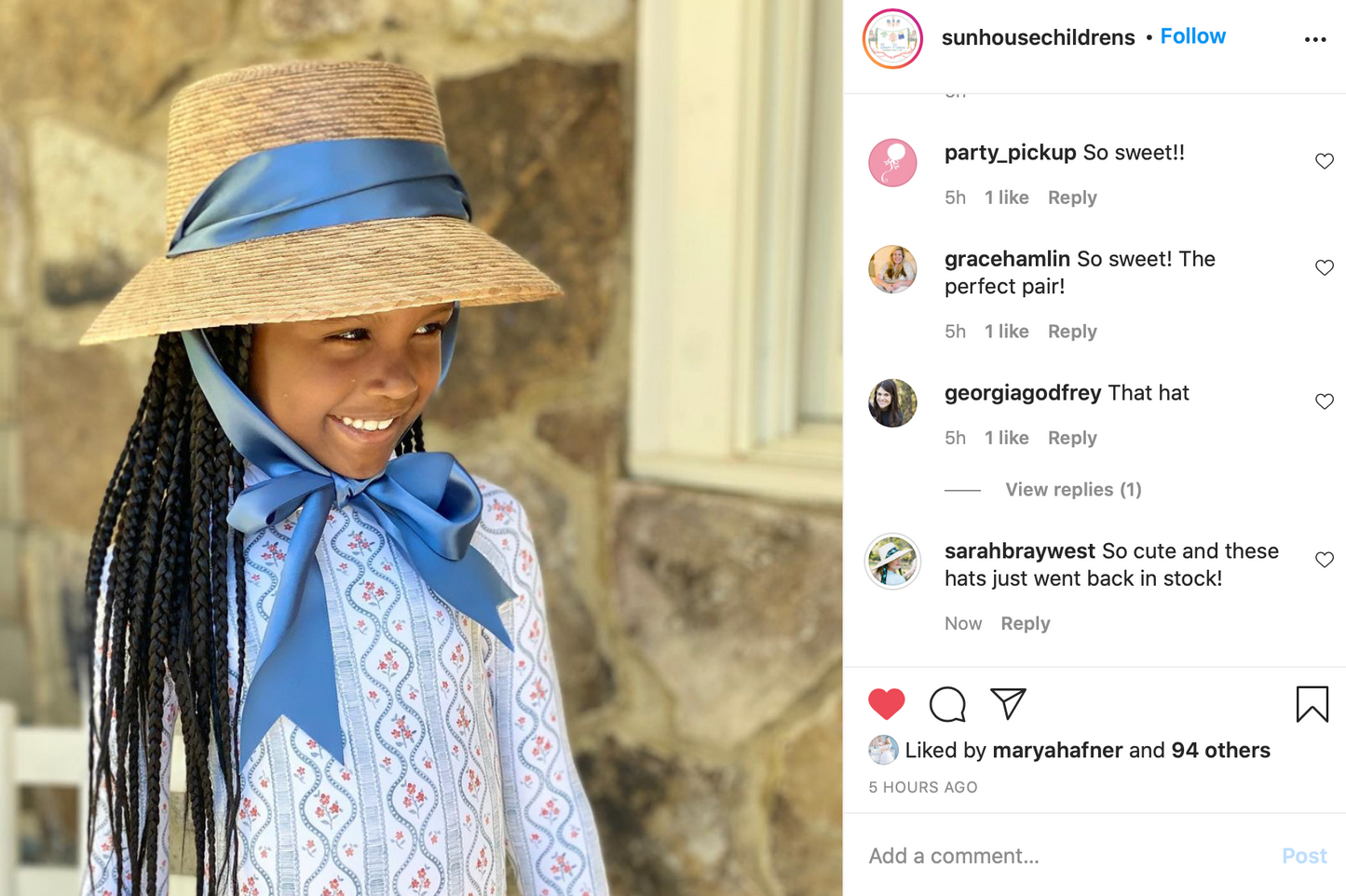 Palmetto Girl’s Hat - Long & Thin French Blue Grosgrain Ribbon