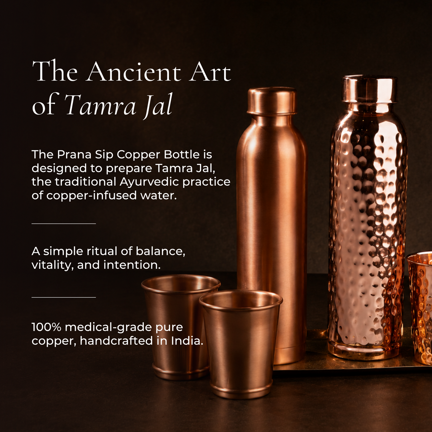 Ayurvedic Drinking Set - Copper Bottle and Cups - Hammered