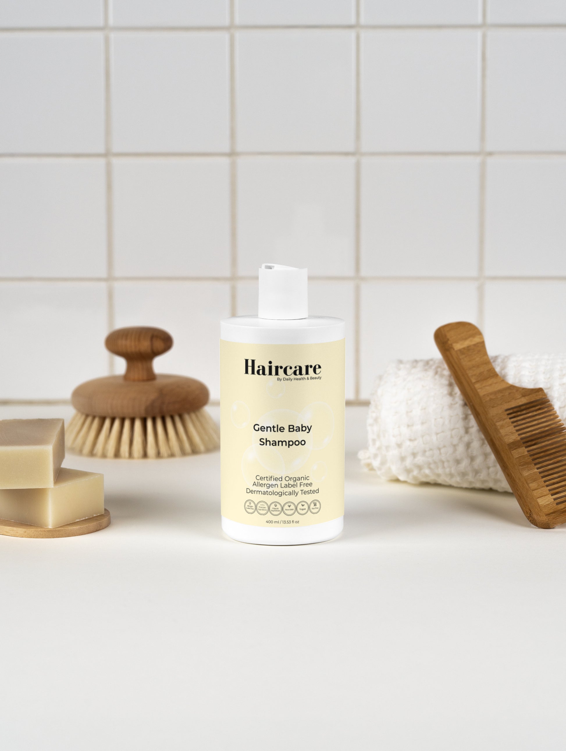Gentle Baby Shampoo at bath time — ultra-mild daily formula, vegan, gluten-free, nut-free, safe from birth