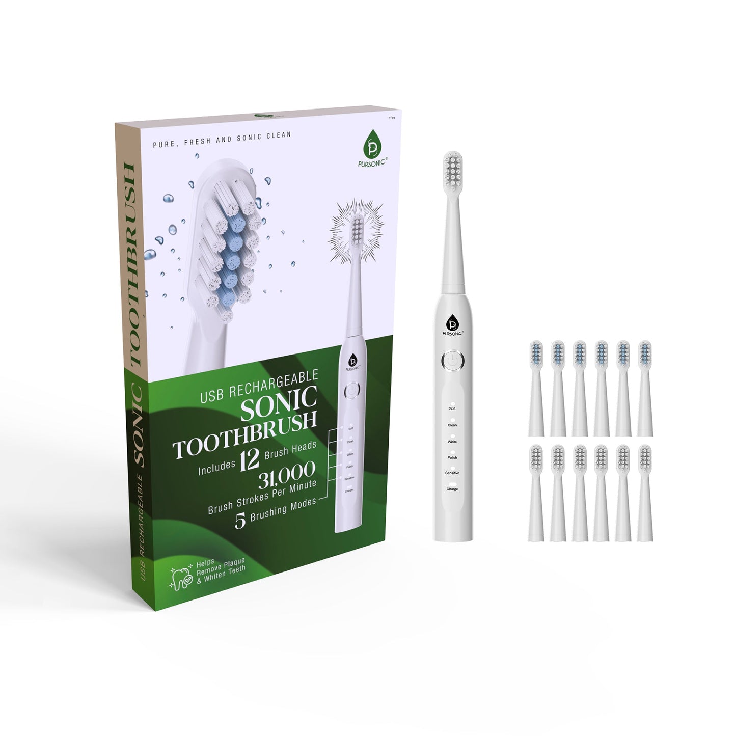 USB Rechargeable Electric Toothbrush with 12 Brush Heads