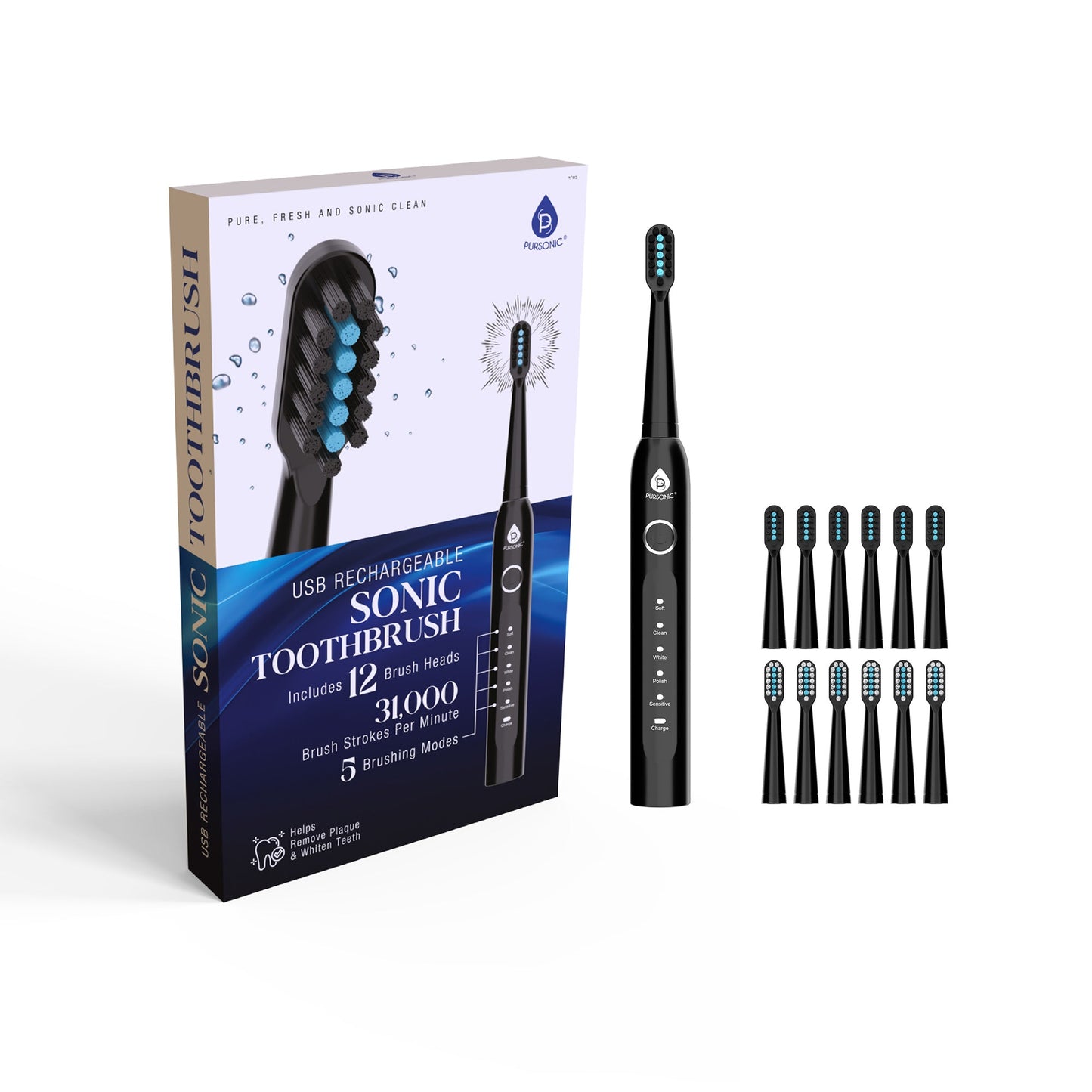 USB Rechargeable Electric Toothbrush with 12 Brush Heads