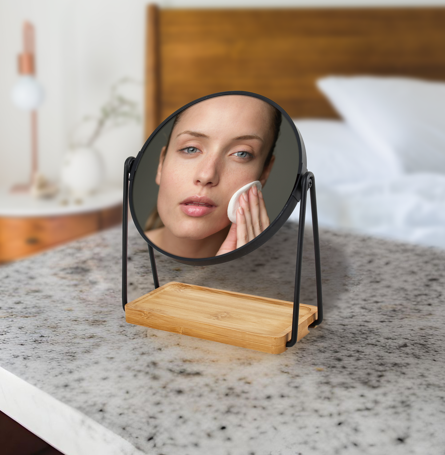 Dual Side Mirror With Bamboo Tray