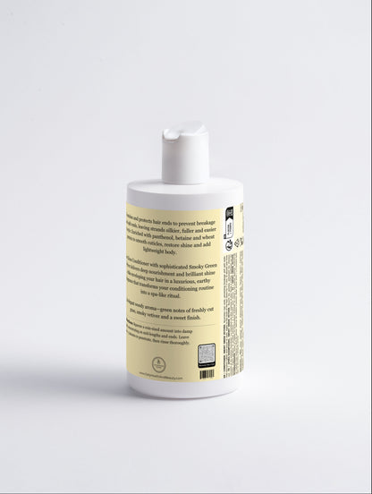 Gloss Conditioner Smoky Green Vetiver ingredients label — organic avocado oil, panthenol, hydrolyzed wheat protein.