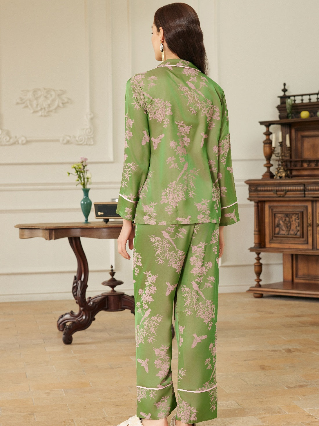 Elegant Pink Green Oriental Pajama Set with Asymmetrical Collar