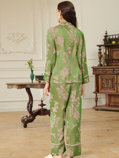 Elegant Pink Green Oriental Pajama Set with Asymmetrical Collar