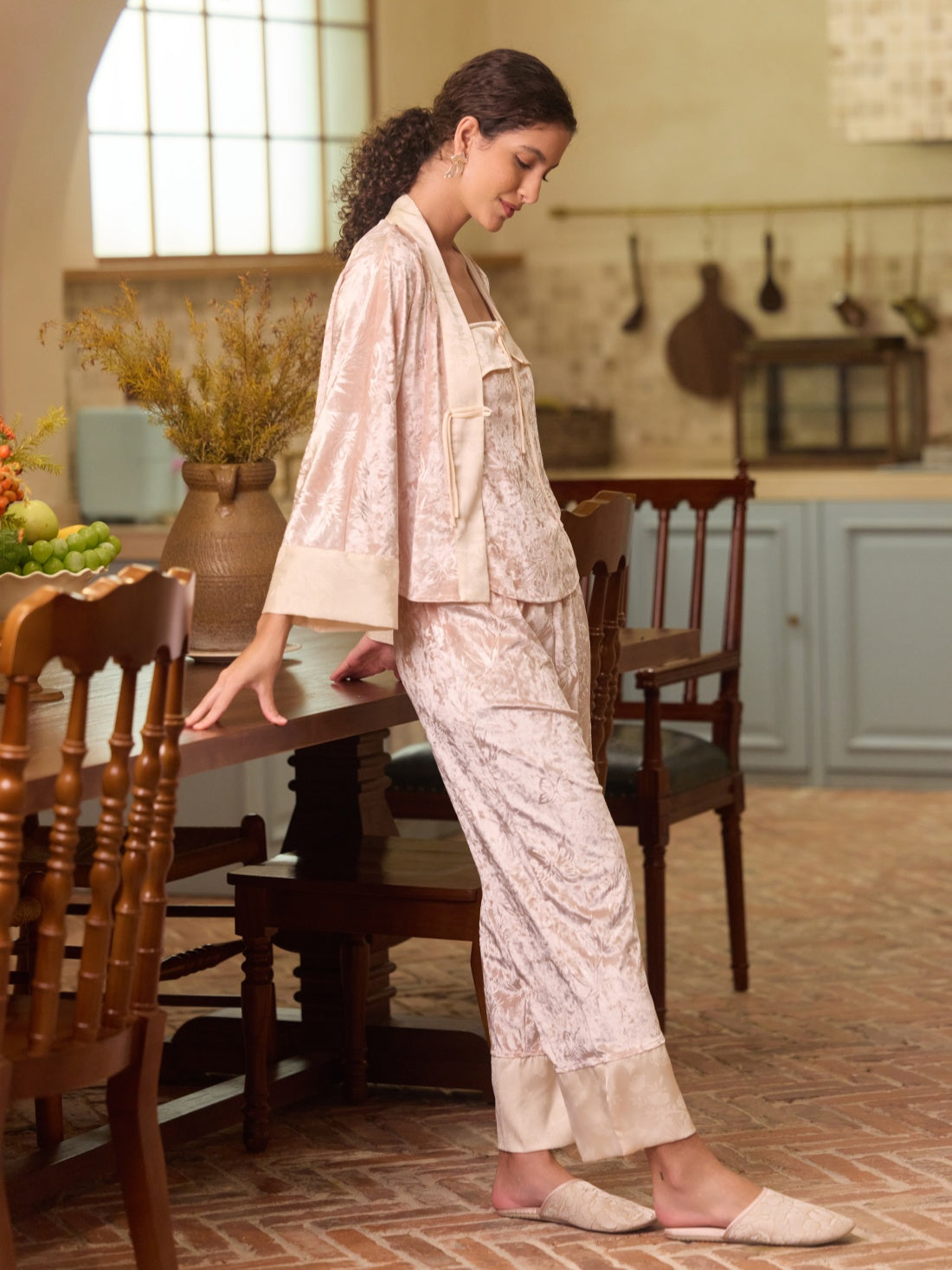 Pink Velvet Pajama Set 3Pcs with Camisole and Pants