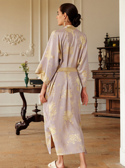 Reversible Lavender & Gold Jacquard Kimono Robe