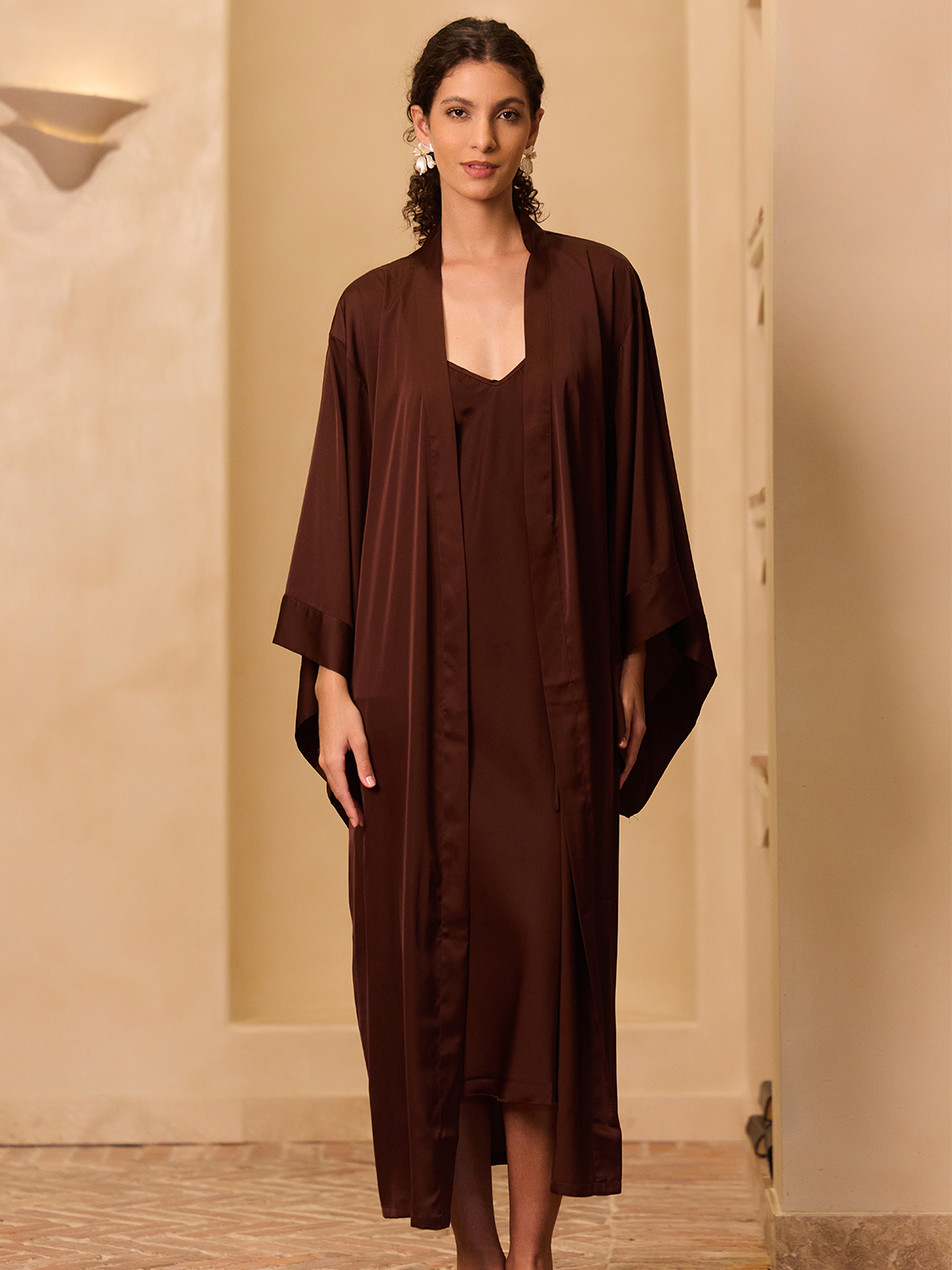 Deep Brown Flowing Sleeve Kimono Robe