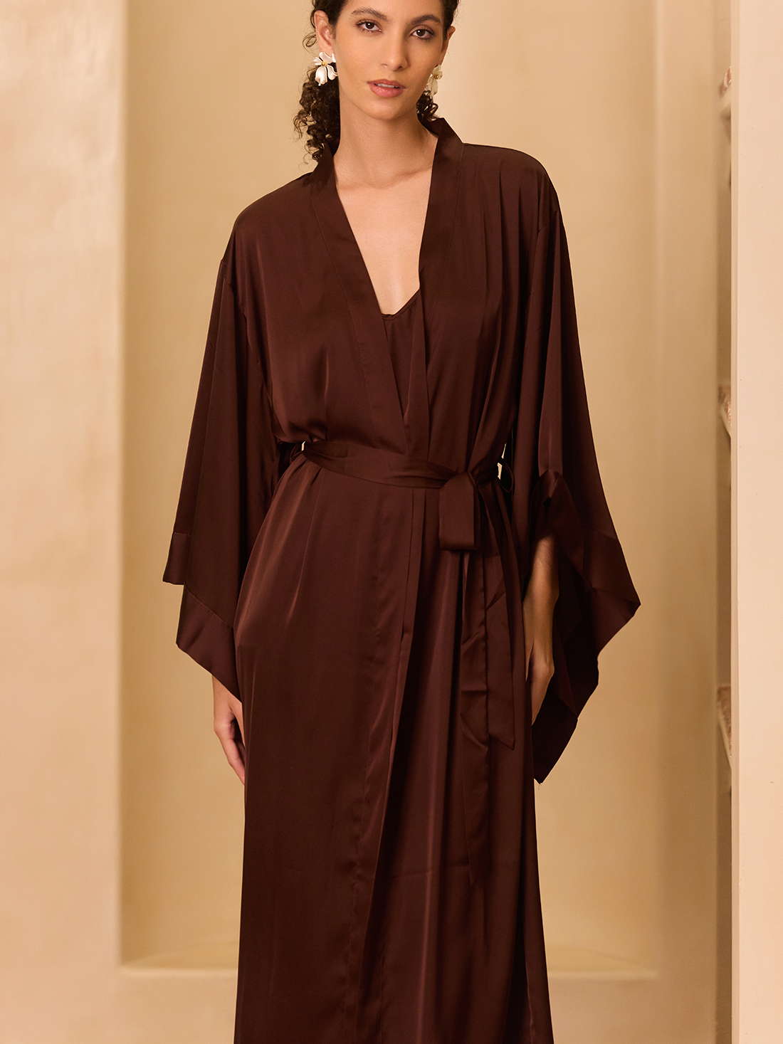 Deep Brown Flowing Sleeve Kimono Robe