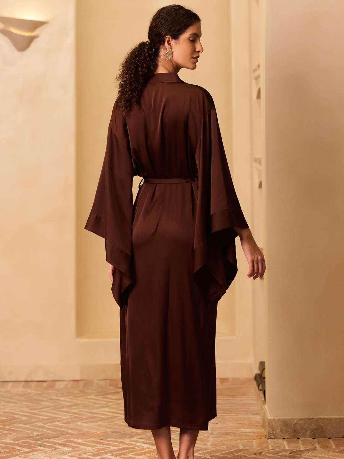 Deep Brown Flowing Sleeve Kimono Robe