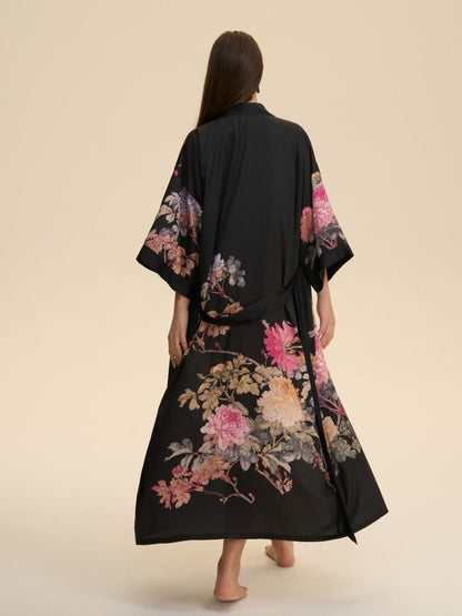 Black Peony Elegance Kimono Robe