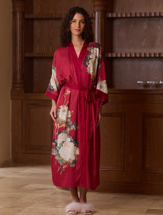Crimson Floral Bloom Kimono Robe