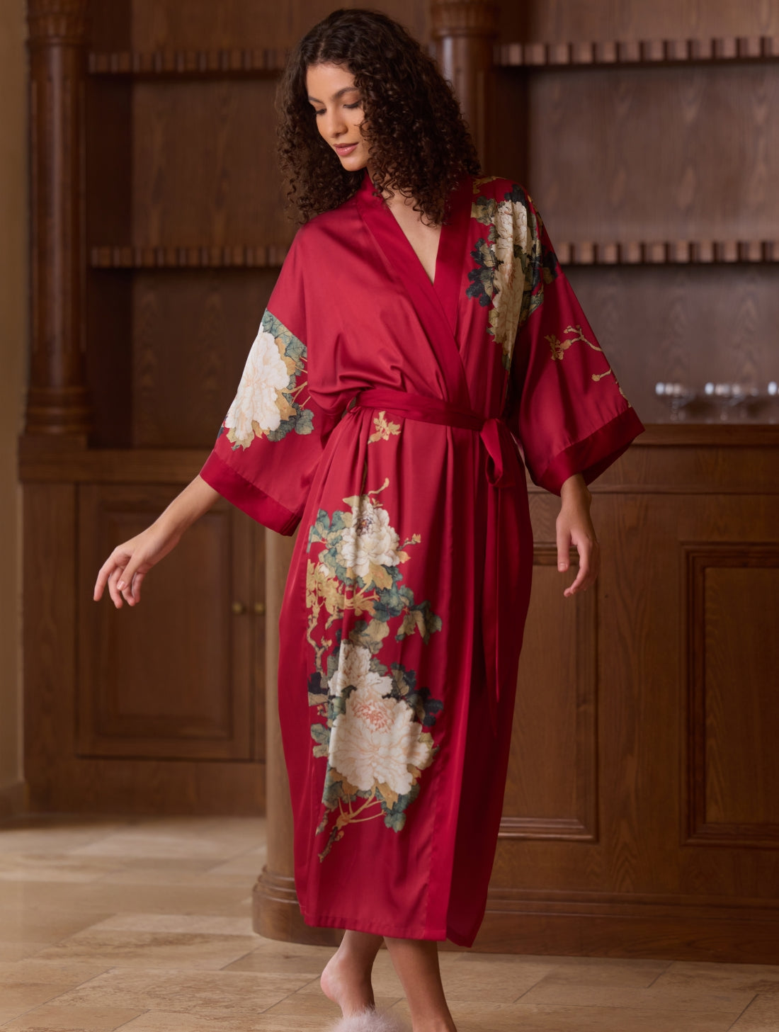 Crimson Floral Bloom Kimono Robe