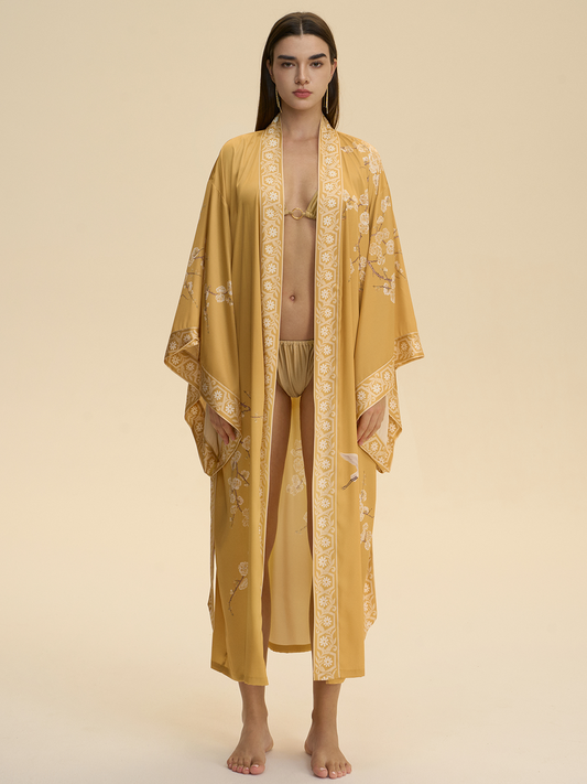 Golden Crane & Plum Blossom Kimono Robe