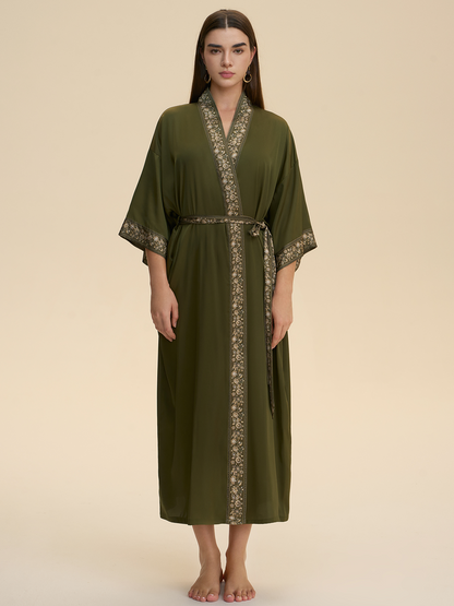 Green Embellished Flower Kimono Robe