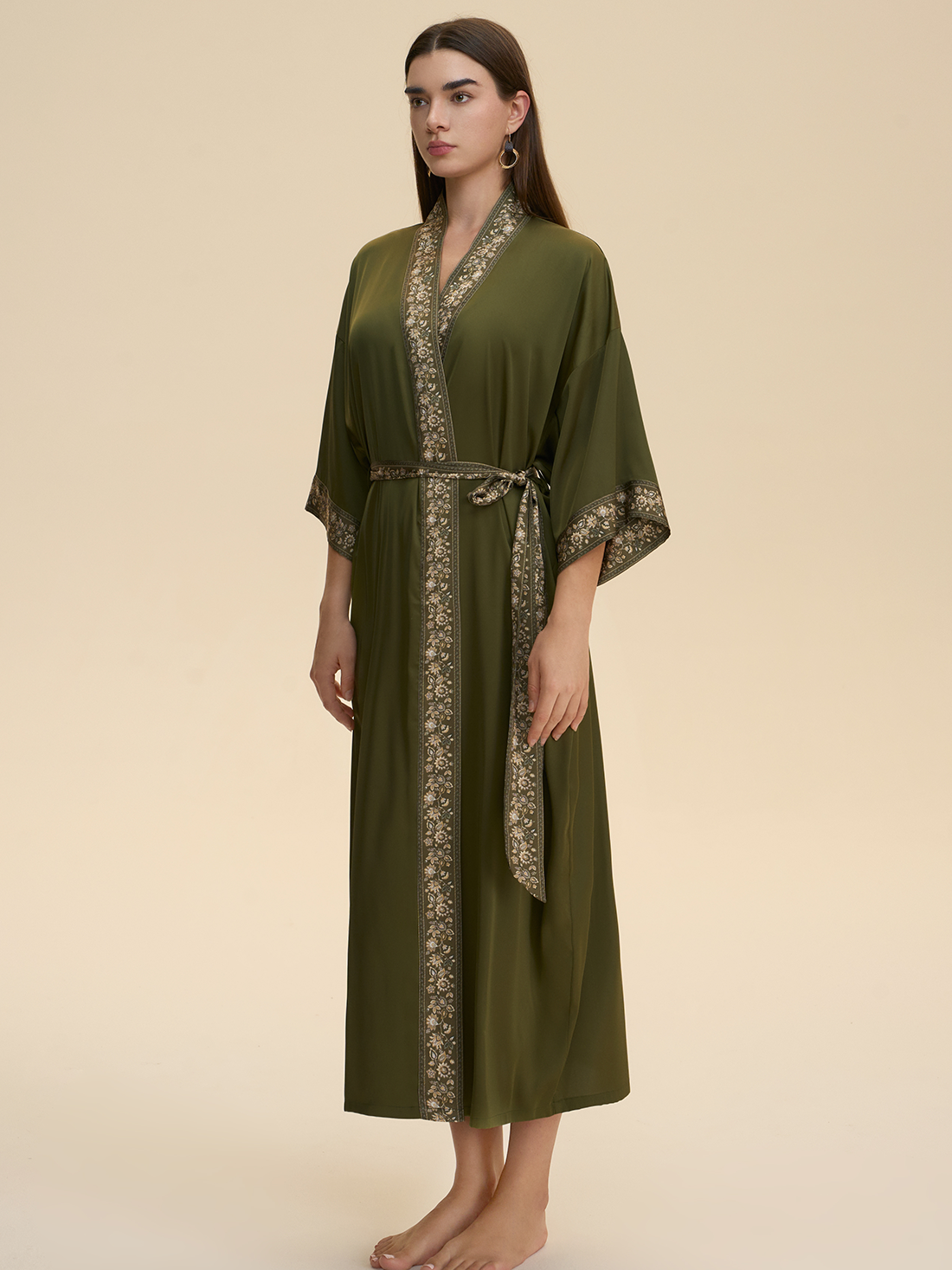 Green Embellished Flower Kimono Robe