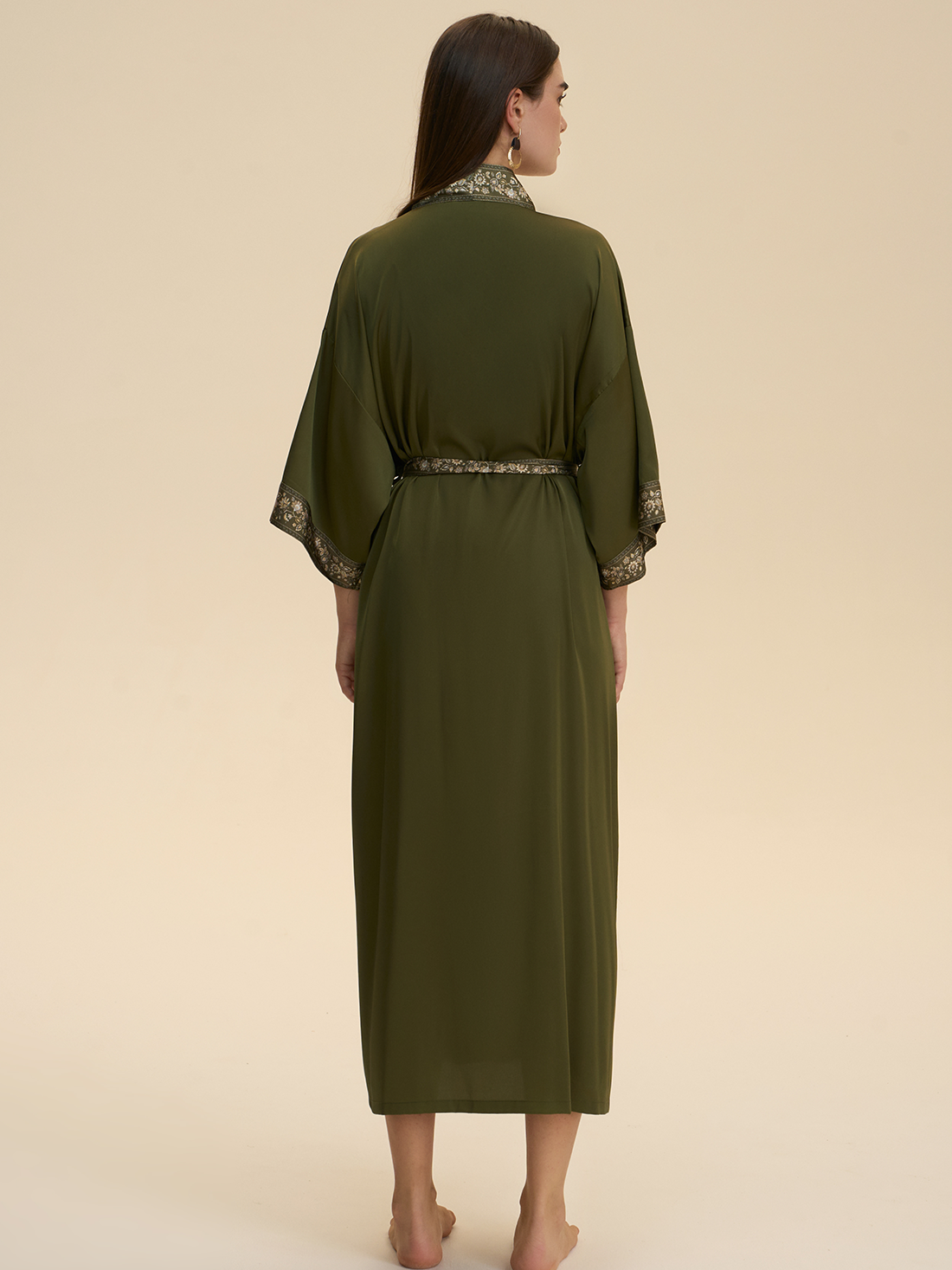 Green Embellished Flower Kimono Robe