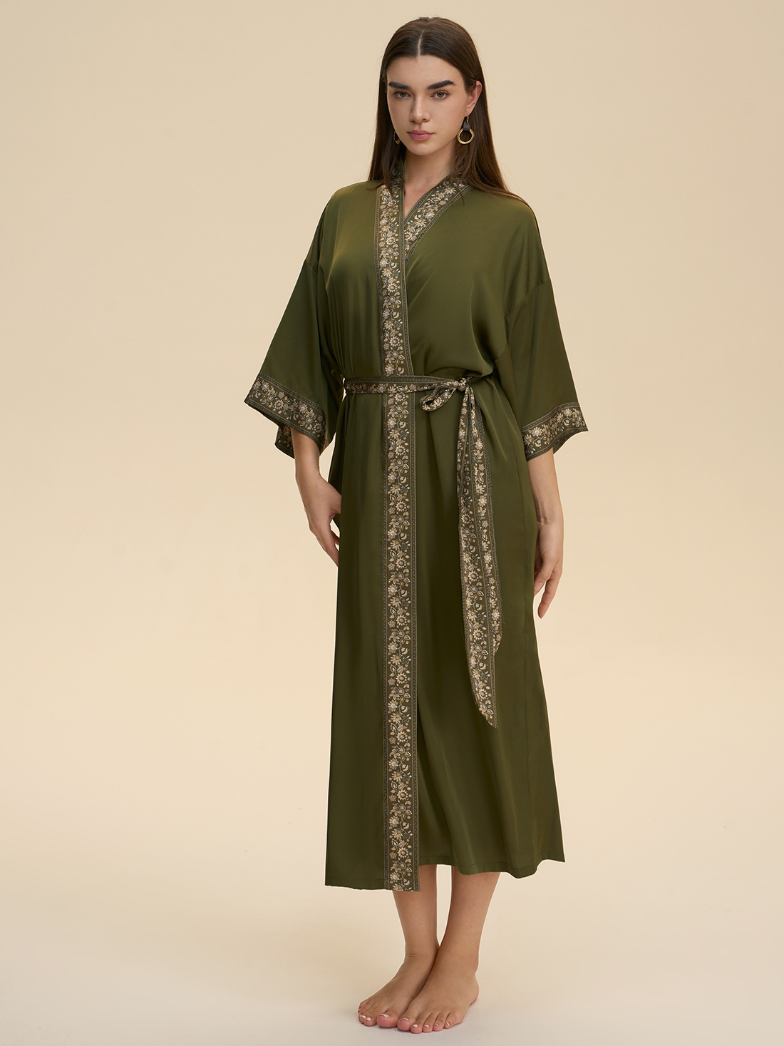 Green Embellished Flower Kimono Robe