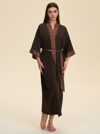 Dark Brown Embellished Flower Kimono Robe