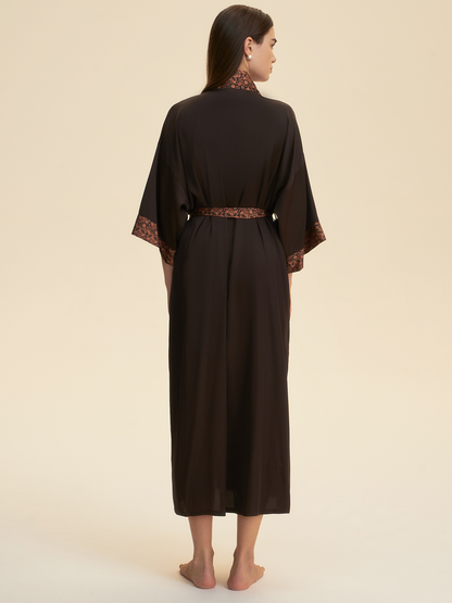 Dark Brown Embellished Flower Kimono Robe