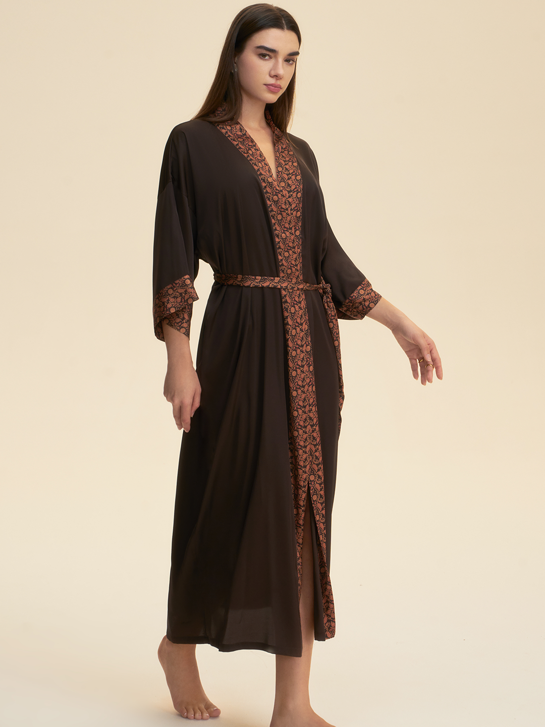 Dark Brown Embellished Flower Kimono Robe