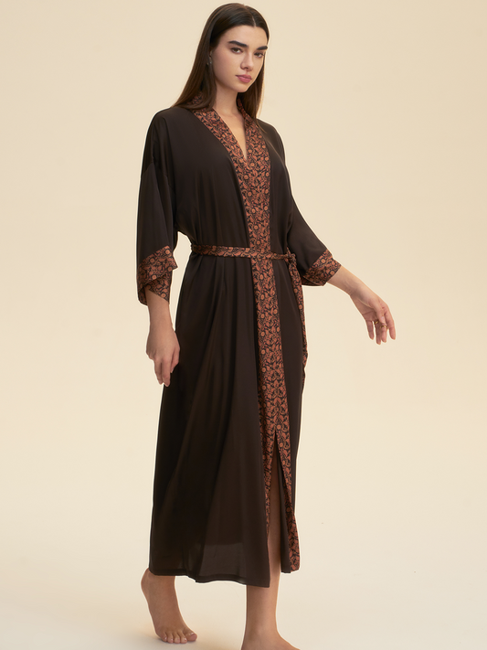 Dark Brown Embellished Flower Kimono Robe