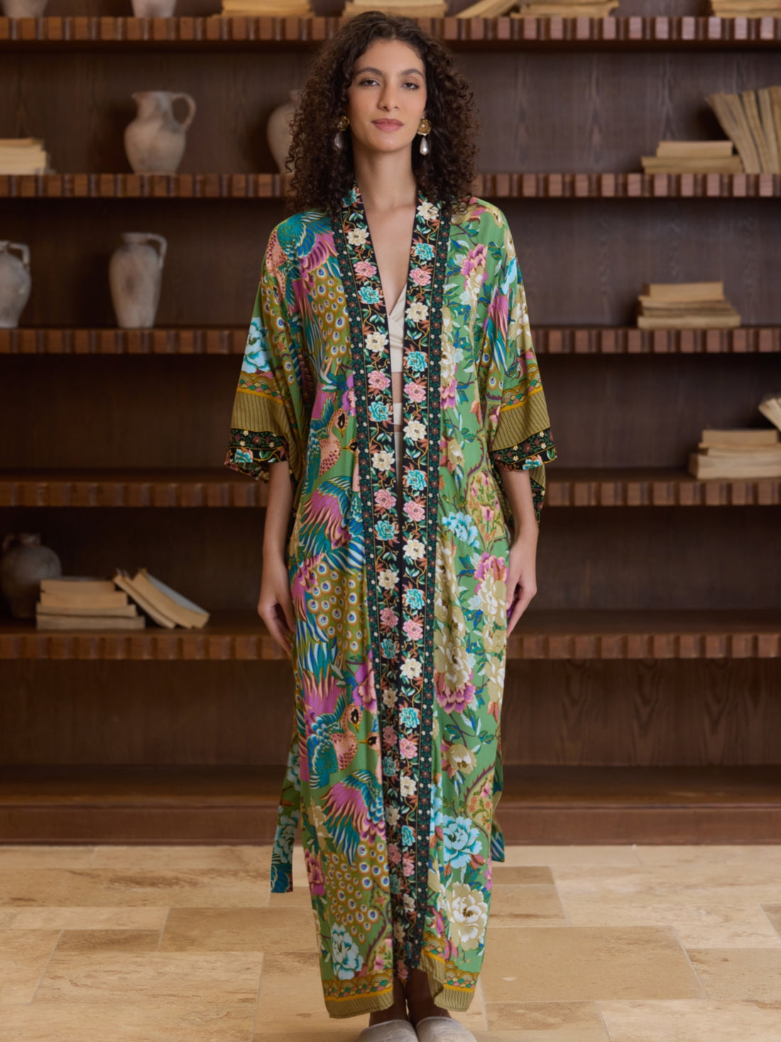 Green Phoenix Bloom Cotton Kimono Robe