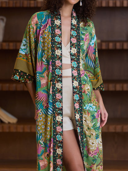 Green Phoenix Bloom Cotton Kimono Robe