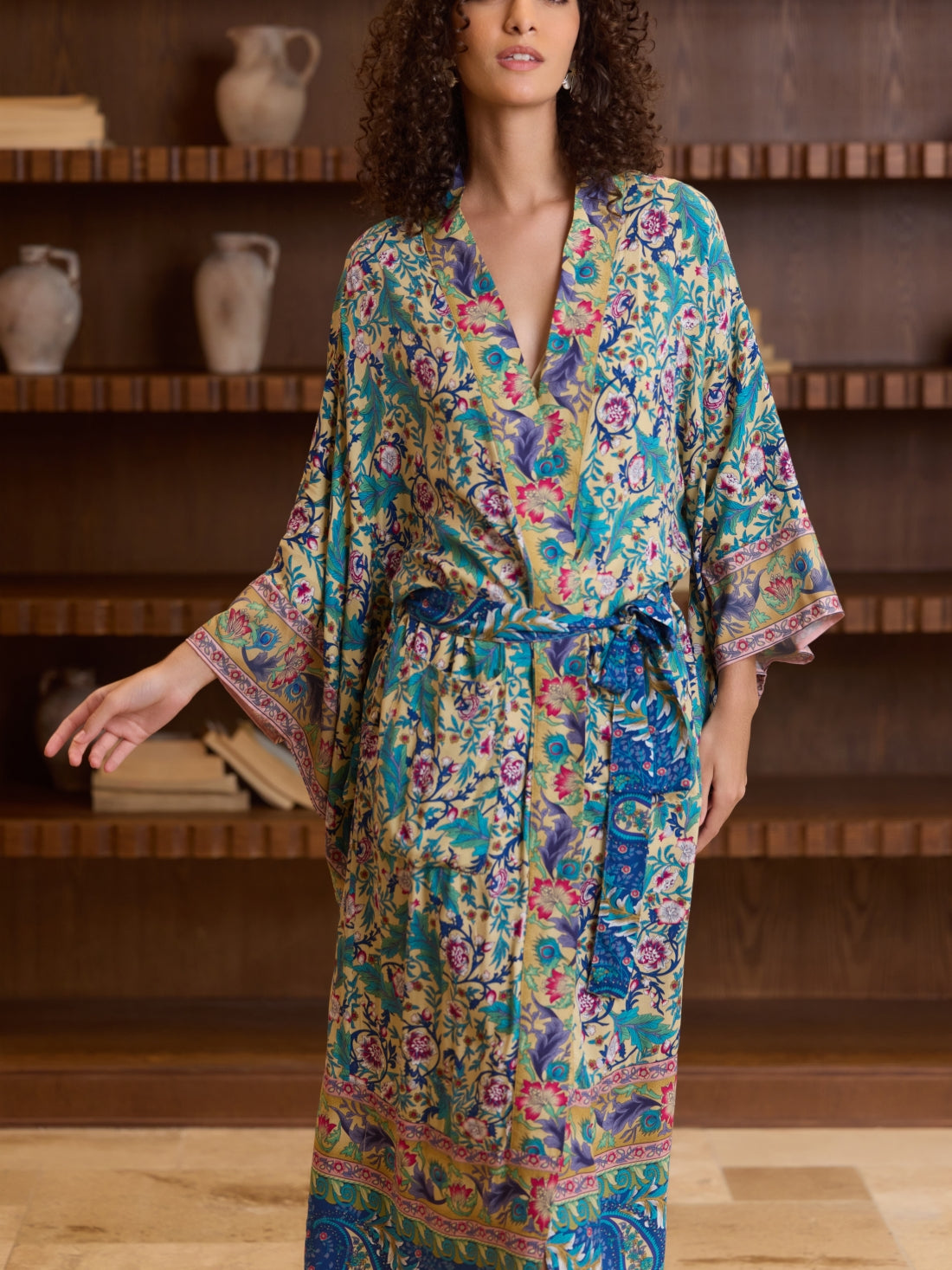 Green Floral Cotton Kimono Robe
