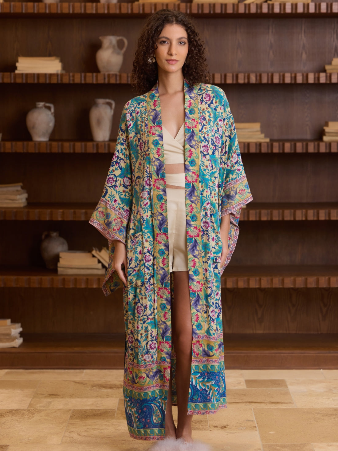 Green Floral Cotton Kimono Robe