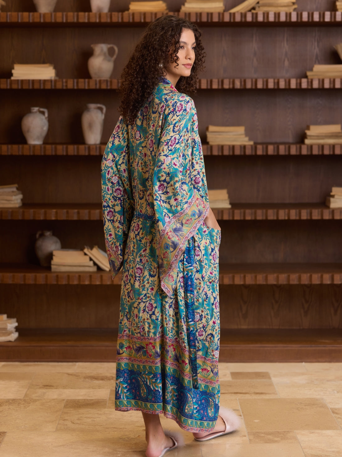 Green Floral Cotton Kimono Robe
