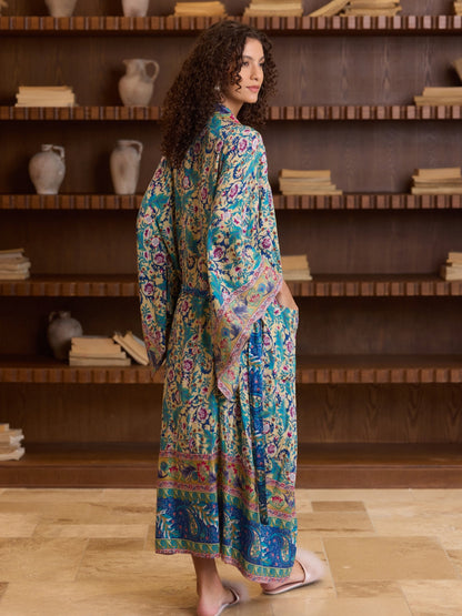Green Floral Cotton Kimono Robe