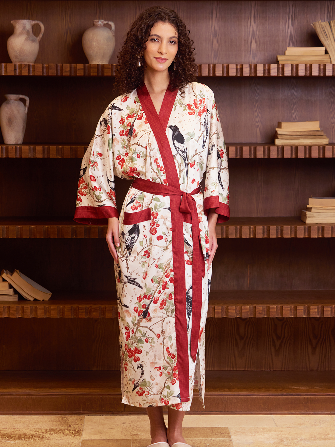 Red Magpie Garden Kimono Robe