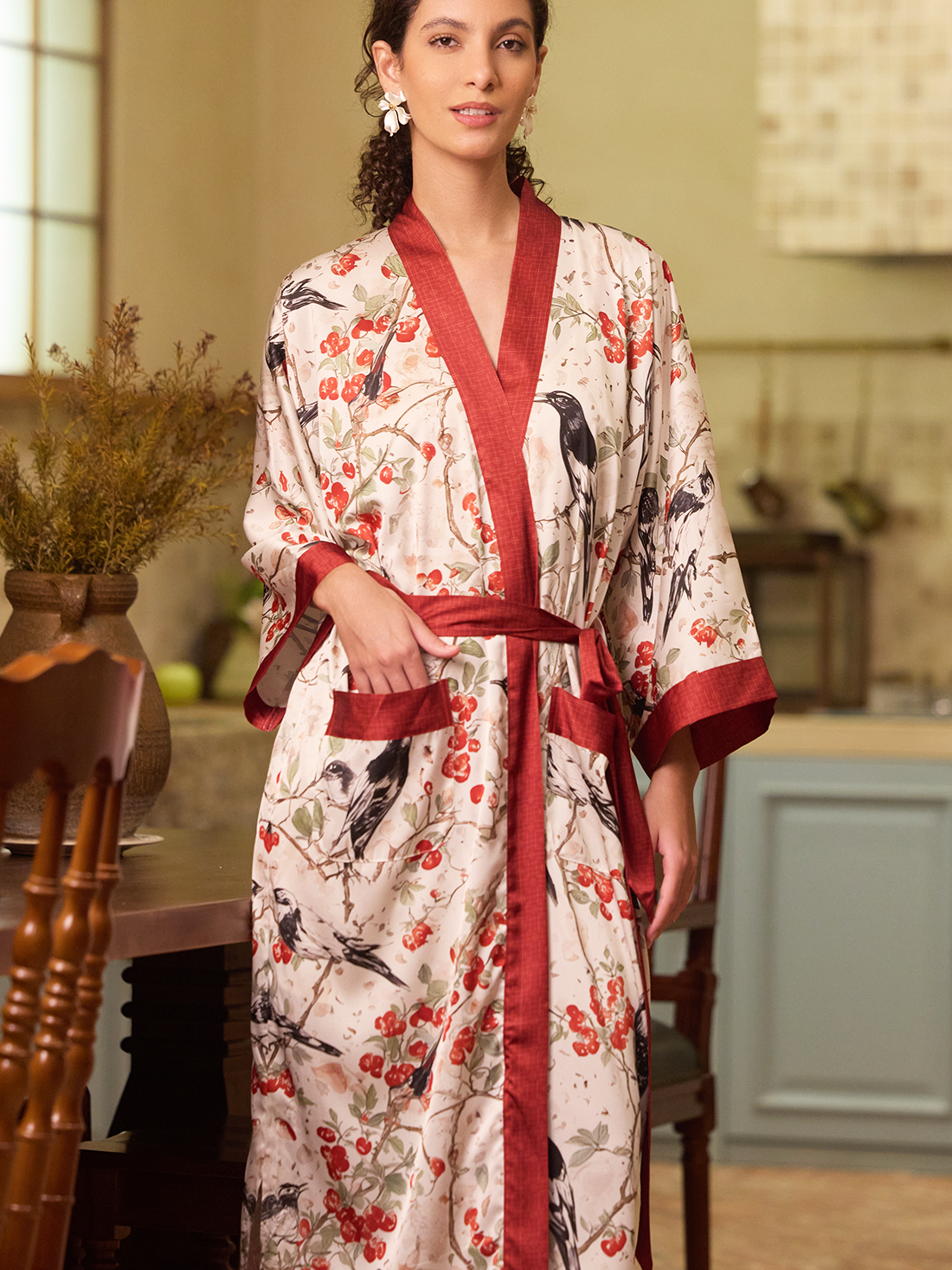 Red Magpie Garden Kimono Robe