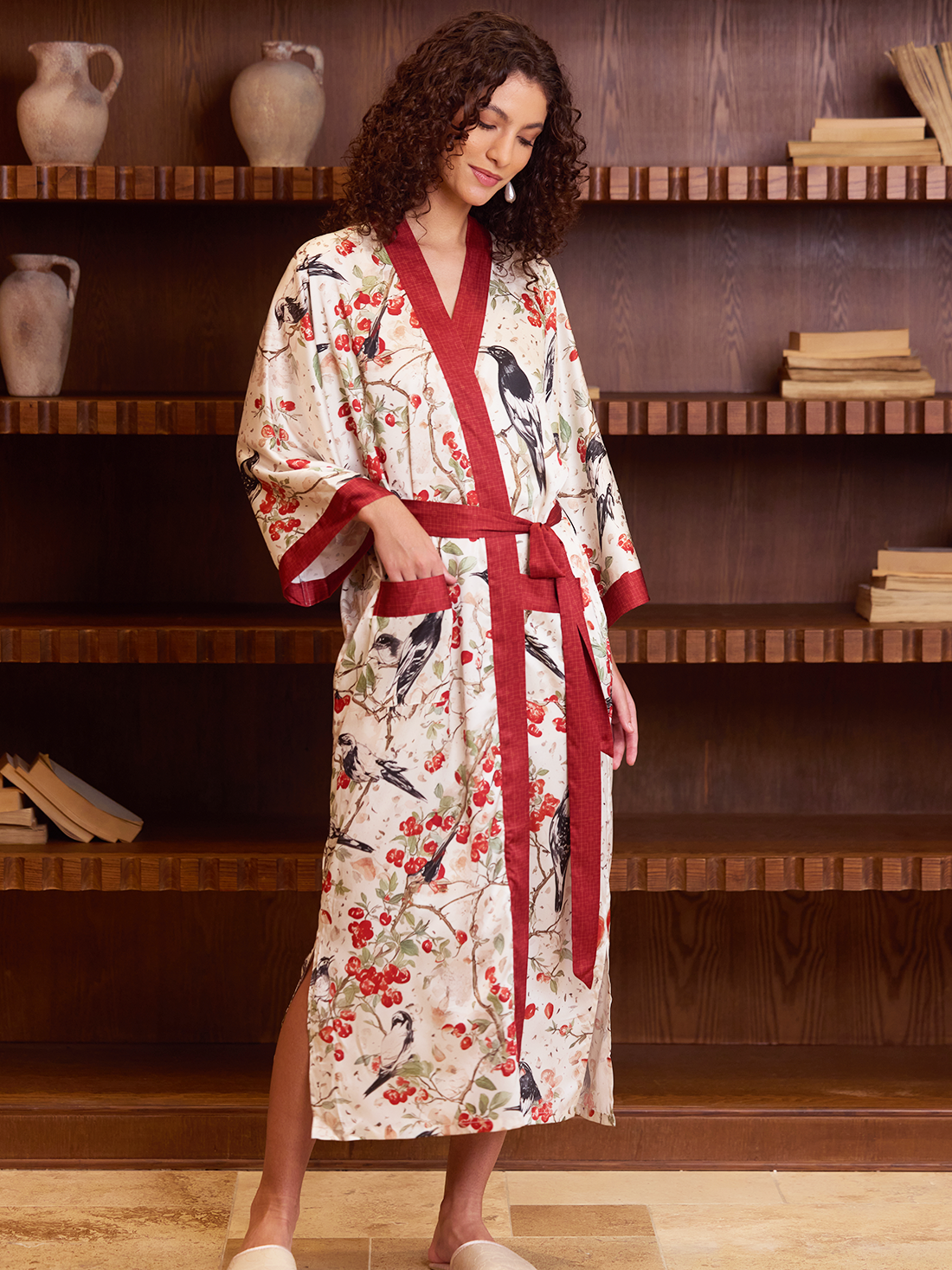 Red Magpie Garden Kimono Robe