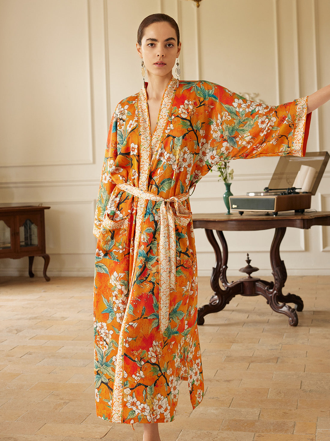 Vintage Orange Enamel Camellia Floral Kimono Robe with Pockets