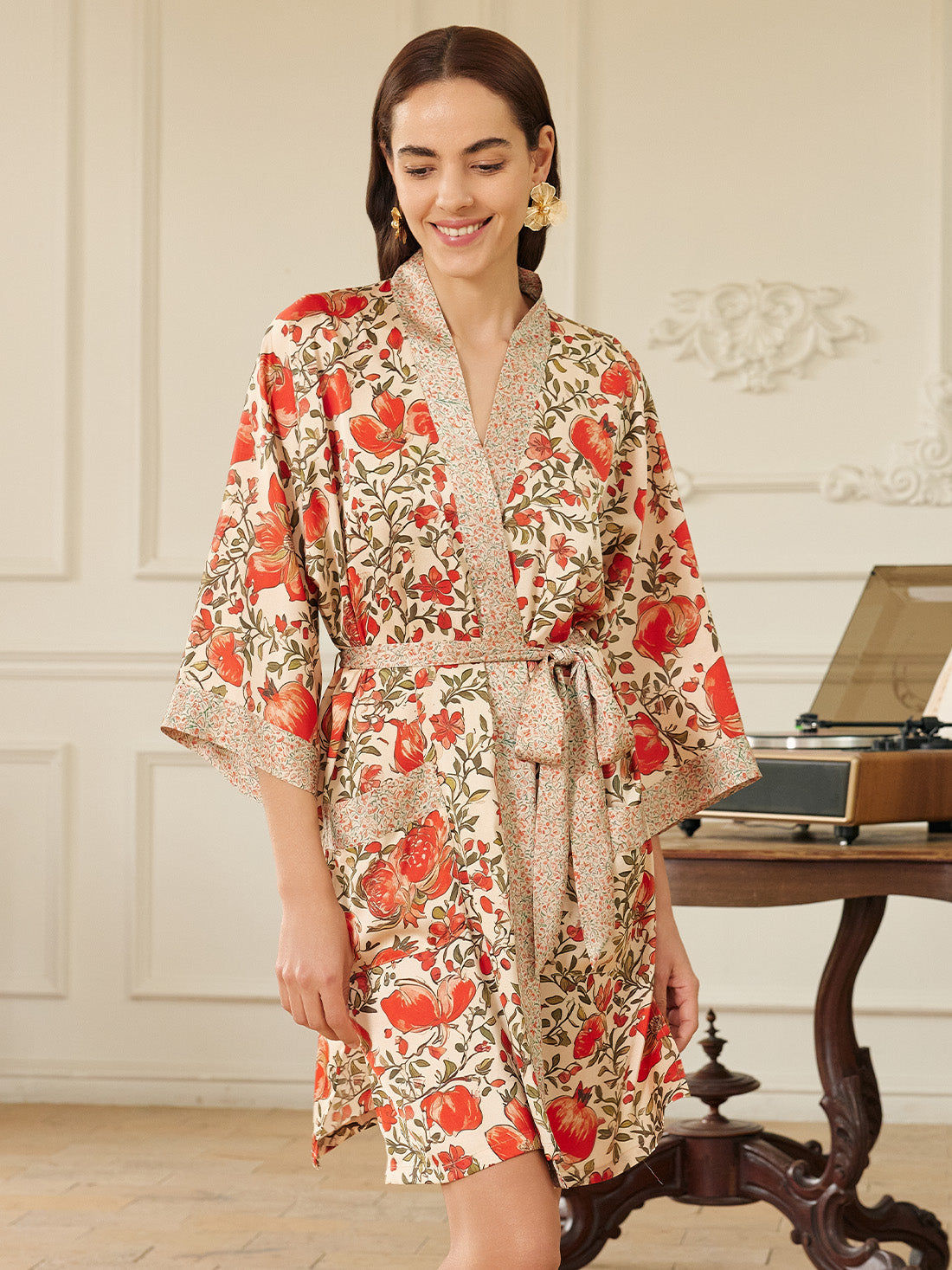Pomegranate Garden Short  Robe with Pockets