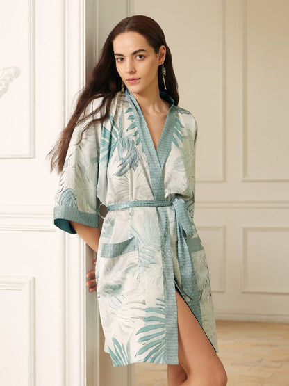 Tropical Palm Leaf Short Robe with Pockets