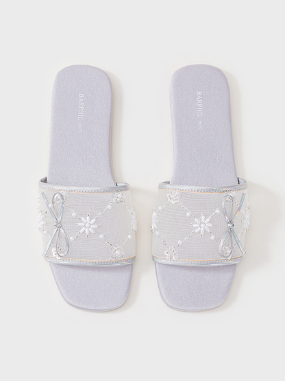 Embroidered Satin Bow House Slippers