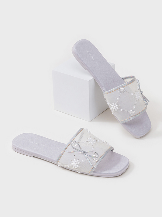 Embroidered Satin Bow House Slippers