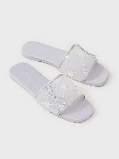 Embroidered Satin Bow House Slippers