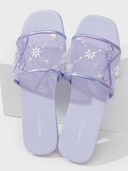 Embroidered Satin Bow House Slippers