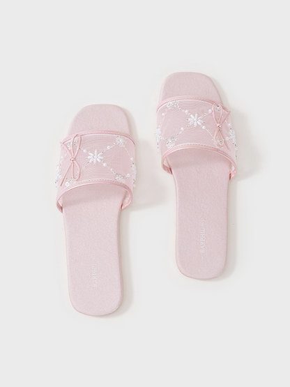 Embroidered Satin Bow House Slippers