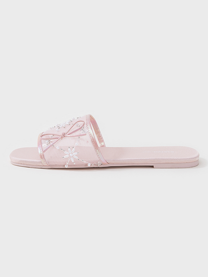 Embroidered Satin Bow House Slippers