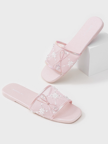 Embroidered Satin Bow House Slippers